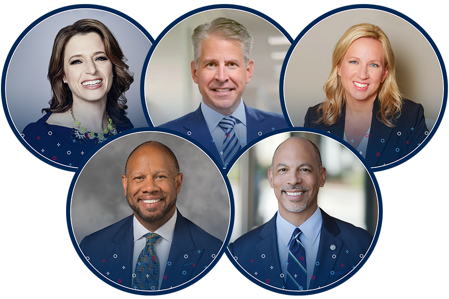 Elizabeth Cohen, Marty Bonick, Tina Freese Decker, MHA, MSIE, FACHE, Wright Lassiter, III, Eugene A. Woods | AHA Leadership Summit Plenary Speaker